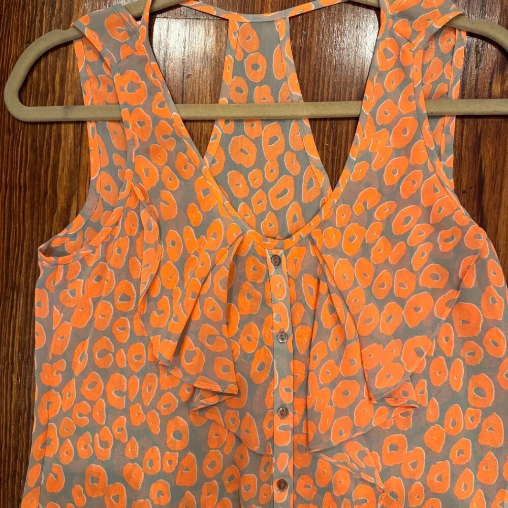 Yoana Baraschi Bright Orange/Grey Leopard Print Sleeveless Sheer Top, XS
